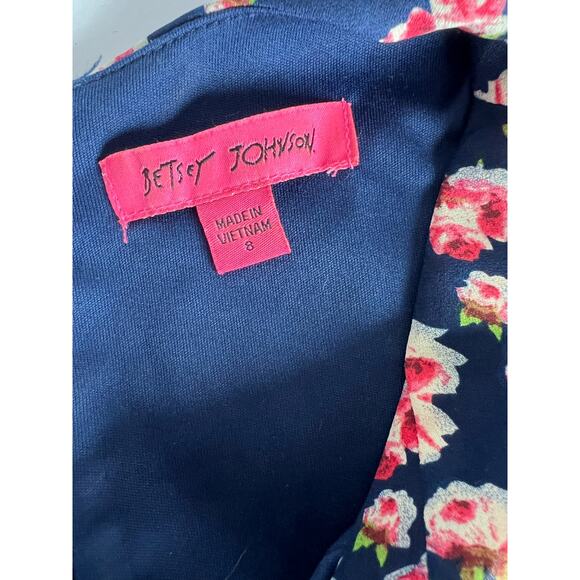 BETSEY JOHNSON Fit & Flare V Neck Dress Blue Pink White Floral Georgette Sz 8 - Picture 8 of 10